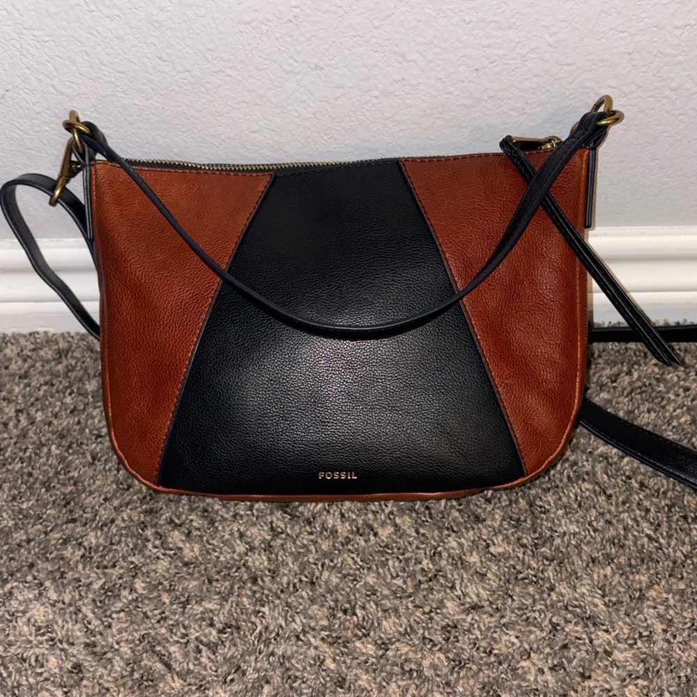 Fossil Two-Tone Black and Brown Leather Crossbody Bag